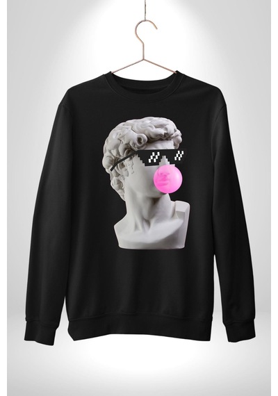 Gözlüklü David'in Kafasının Alçı Heykeli Unisex Siyah Sweatshirt Siyah