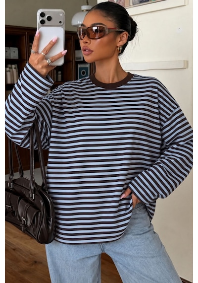 Hiccup Bıpantolon Kadın Oversize Çizgili Bisiklet Yaka Sweatshirt Mavi