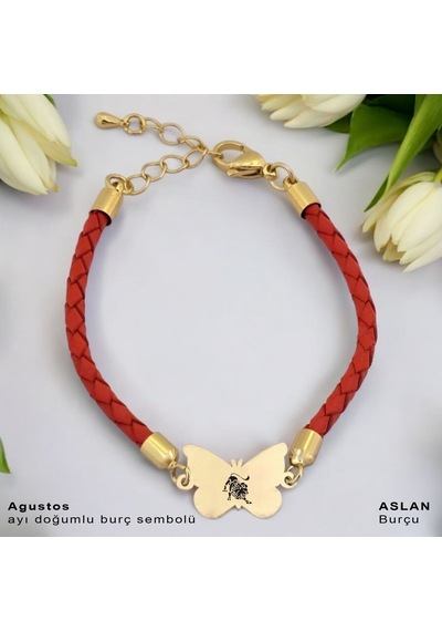 Aslan Burçlarına Özel 14 Ayar Altın Plakalı Turuncu Derili Kelebek Motifli Hediye Bileklik-502burç Aslan Aslan Burçlarına Özel 14 Ayar Altın Plakalı Turuncu Derili Kelebek Motifli Hediye Bileklik-502burç Aslan