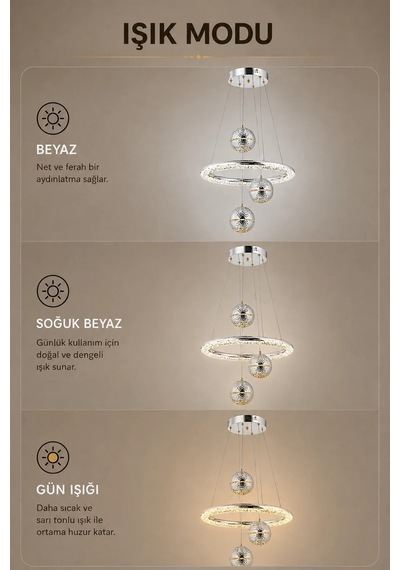 3'lü Krom Modern Premium 3 Renkli Ledli Sarkıt Avizesi Salon Mutfak Çocuk Odası Şık Modelleri 84w Beyaz