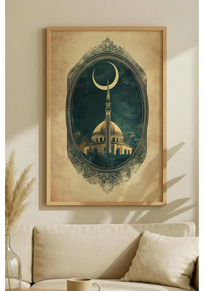 Yeşil Kubbeli Camı Ve Kabe Temalı Tekli Ahşap Tablo - Siyah Ahşap Çerçeveli Ev Ve İş Yeri Tablosu