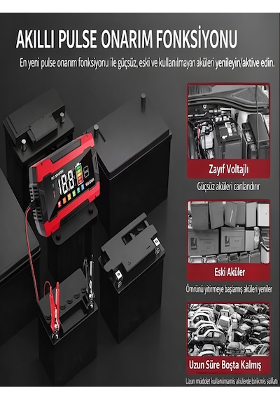 12v/8a Pulse Onarım Modlu Akü Şarj Cihazı Dijital Göstergeli Akıllı Akım Korumalı - Kış/yaz