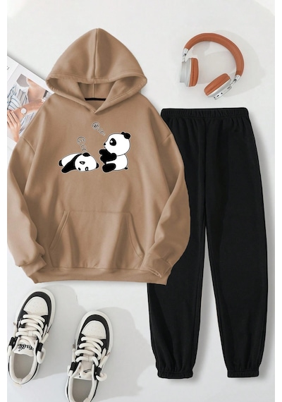 Uyguntarz Unisex Uykucu Panda Baskılı Rahat Eşofman Takımı Bej