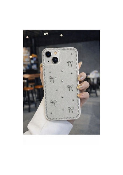 Apple Uyumlu iPhone 15 Fiyonk Figürlü Simli İnci Taşlı Lüx Silikon Kılıf Gri