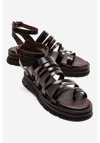 Luvishoes Elsa Kahverengi Hakiki Deri Çok Bantlı Kadın Parmak Arası Sandalet