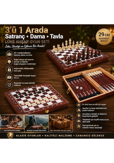 Lüks Ahşap 3ü 1 Arada Satranç Dama Tavla Seti Katlanabilir Kilitli Oyun & Eğlence Takımı 29 Cm Mdl 2