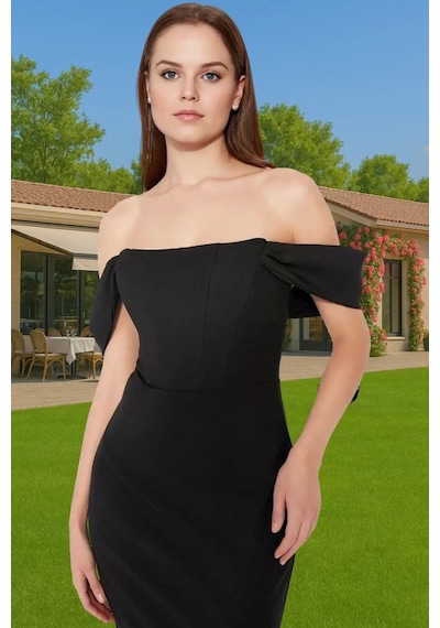 Ersefa Moda Fit Mezuniyet Balo Finike Dokuma Carmen Yaka Kısa Kol Bodyco Siyah