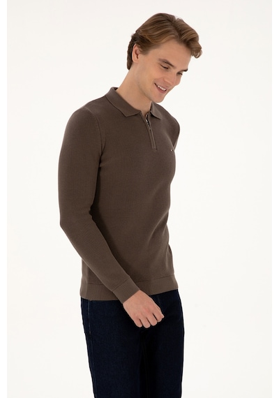 U.S. Polo Assn. Erkek Regular Fit Fermuarlı Vizon Basic Kazak 50313685-VR052