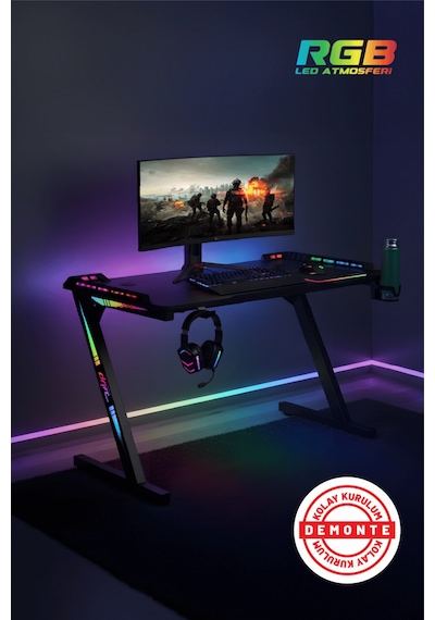 Aura Rgb Led Li Siyah Oyuncu Masası 160 70 Cm