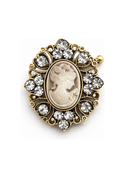 Taşlı Vintage Kadın Portre Figürlü Metal Broş Gold Çerçeveli Oval Tasarım Açık Gri