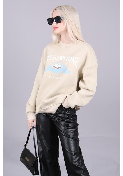 Bej Bisiklet Yaka Baskılı Sweatshirt Mg1571