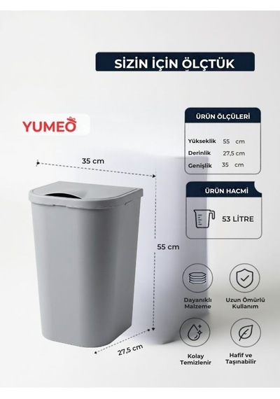Yumeo Slim 53 Litre Kapaklı Çamaşır Sepeti Dar Alanlara Uygun Plastik Kirli Sepeti Gri Antrasit - Gri