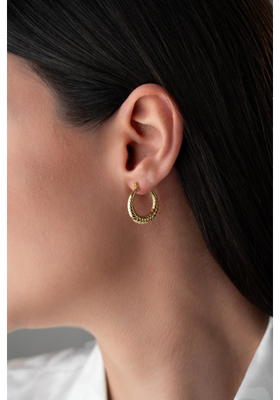 925 Ayar Gümüş Gold Rengi Çizgili Model 20 Mm Şarnel Küpe Gold