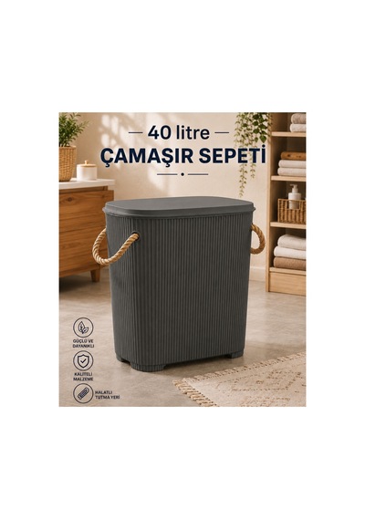 Liva Loft 40 L Kapaklı Çamaşır Sepeti Halat Saplı Gri - 918657149 Gri