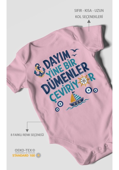 Morivokids Dayım Yine Bir Dümenler Çeviriyor Kısa Kollu Bebek Body %100 Pamuk Koyu Pembe