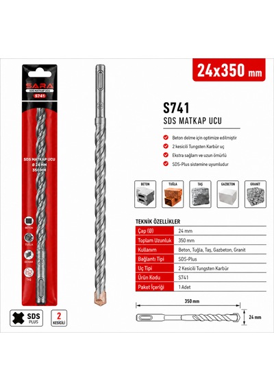 Sara S741 Sds Plus Matkap Ucu 24 X 350 Mm, 2 Kesicili Tungsten Karbür Uçlu