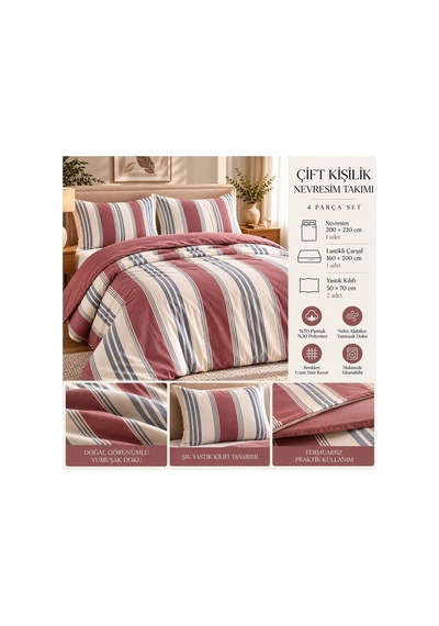 Slc Home Çift Kişilik Nevresim Takımı Şık Tasarım 4 Parça Bordo - 940025996 Bordo