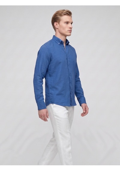 Plus Scorpion Erkek Keten Müslin Gömlek Slim Fit Düğmeli Yaka Uzun Kollu Yazlık Gömlek Saks Mavisi