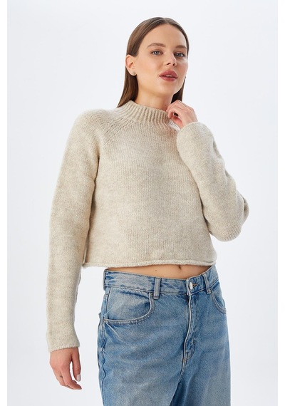 Mixray 6854 Kadın Dik Yaka Bütün Crop Triko Kazak Naturel Naturel