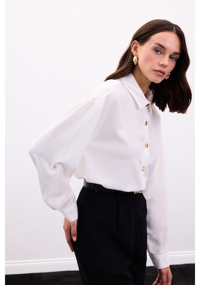 Sateen Çıtçıt Detaylı Gömlek - Ekru-136898 ekru