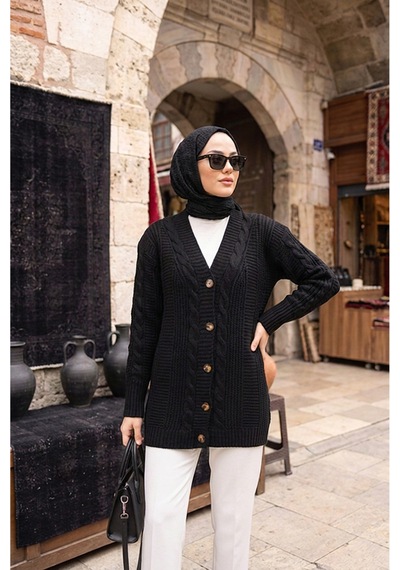 Sayzen Your Shine Trend Saç Örgülü Düğmeli Tunik Hırka Siyah