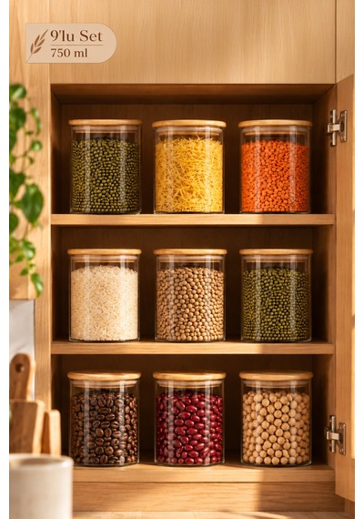 Porsima 1-3 Bambu Vakumlu Kapaklı Yuvarlak Borosilikat Cam 9lu Kavanoz Seti Saklama Kabı 750ml 10x12cm