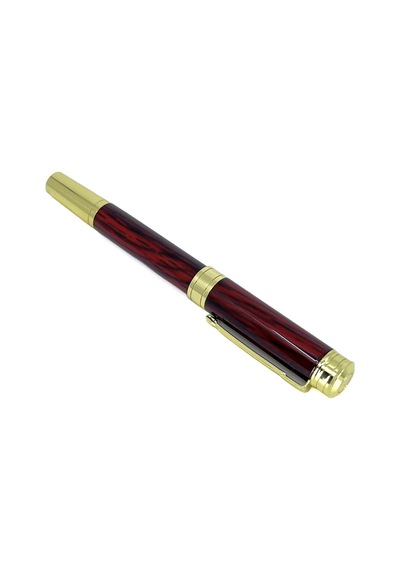 Özel Kutulu Lüks Metal Roller & Tükenmez Kalem - Bordo Ahşap Desenli Altın Detaylı Hediyelik Kalem