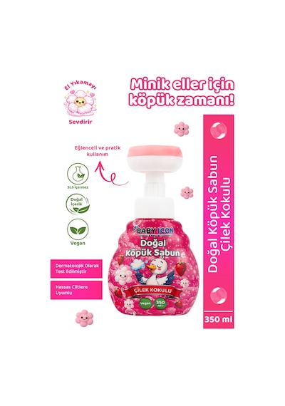 Baby İcon Doğal Çocuk Köpük El Sabunu 350 Ml Çilek Kokulu Vegan Parabensiz Çiçek Şekilli Pembe Köpük