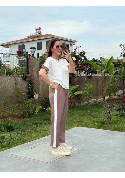 Kadın Modal Dokulu Kumaş Yanı Şeritli Takım Sütlü Kahve