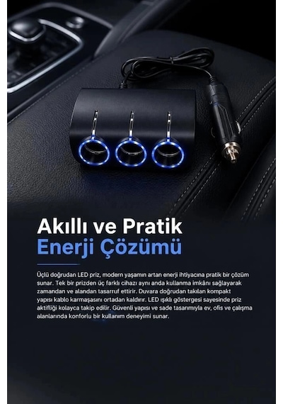 Torima Araç Şarj Cihazı Üçlü Led Soketli 120w G24 Siyah Cihaz Besleme Sürüş Aksesuarı Mobil Enerji
