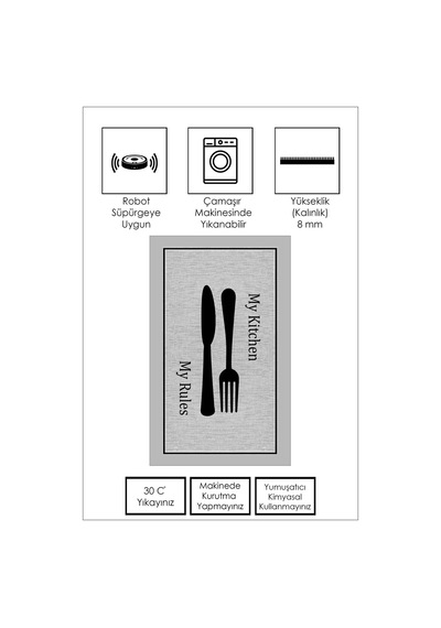 West Home Dijital Baskı Yıkanabilir Kaymaz Taban Gri Mutfak Halısı Yolluk Wh 532 Grey