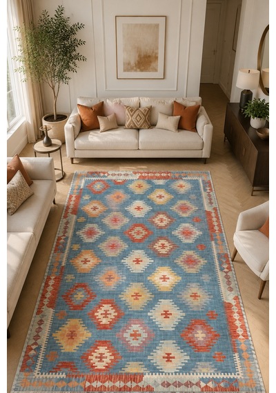 Dekoratif Halı Kaymaz Taban Leke Tutmaz Yıkanabilir Kilim Özel Ölçü Salon Halısı 3050 Çok Renkli