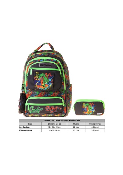 Kaukko Kids Street Siyah - Yeşil Erkek Çocuk İlkokul Sırt Çantası Ve Kalem Çantası Seti - Setkk-l5414c Çok Renkli