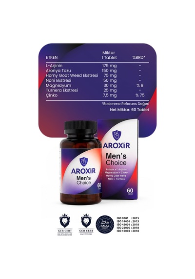 Aroxir Men's Choice Erkek Sağlığı Aronya L-Arjinin Weed Noni Magnezyum Turnera ve Çinko 60 Tablet