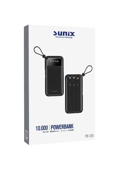 Sunix Pb 120 10.000 Mah Dijital Göstergeli Kendinden Kablolu Powerbank Siyah