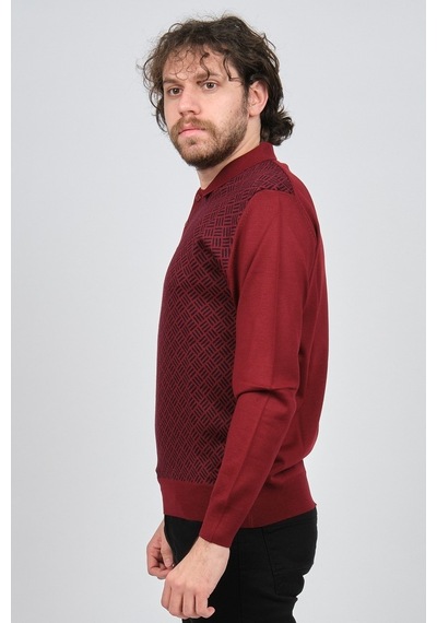 Pave Erkek Polo Yaka Desenli Yün Kazak 4537134 Bordo Bordo