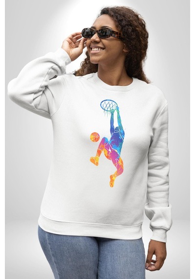 Smaç Basketbol Renkli Unisex Beyaz Baskılı Sweatshirt Beyaz
