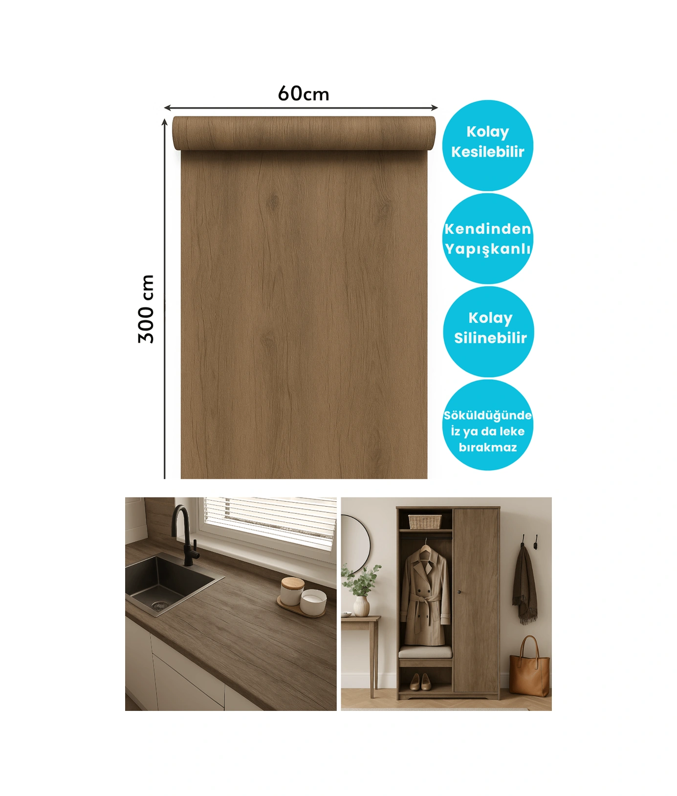 Technojet Premium Seri Kendinden Yapışkanlı Ahşap Desenli Pvc Kaplama 60cmx300cm Vizon