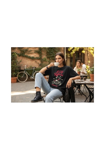 Urbantrendstore Unisex Motosiklet Baskılı Oversize Fit Rahat Geniş Salaş T-shirt Günlük Tişört Siyah