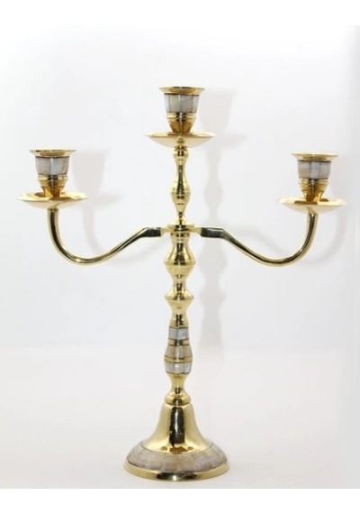 Pirinç Sedefli 3'lü Şamdan Model 2 Altın