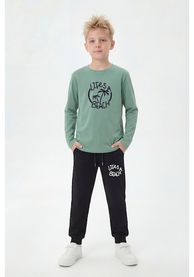 Panios Kids 3'lü Yuvarlak Yaka Sweatshirt Siyah Eşofmanlı Baskı Detaylı 6 Parça Erkek Çocuk Alt Üst Takım Siyah - Mint Yeşili