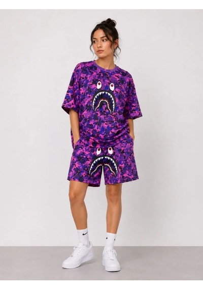 Efnaz Style Oversize Kalıp Pubg Bape X Shark Nakışlı Cepli Şort Takım - Mor