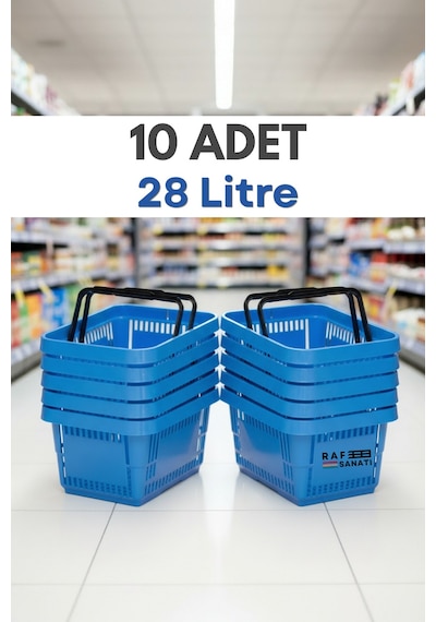10 Adet - 28 Litre Plastik Market Alışveriş Sepeti Saplı Dayanıklı Market Mağaza El Sepeti Mavi