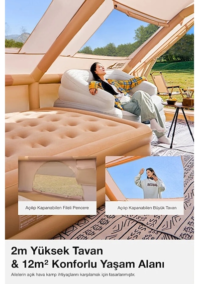 12 Kişilik 4 Mevsim Şişme Kamp Çadırı Su Geçirmez 210d Oxford Kumaş 12 M2 400x300x200 Cm Bej