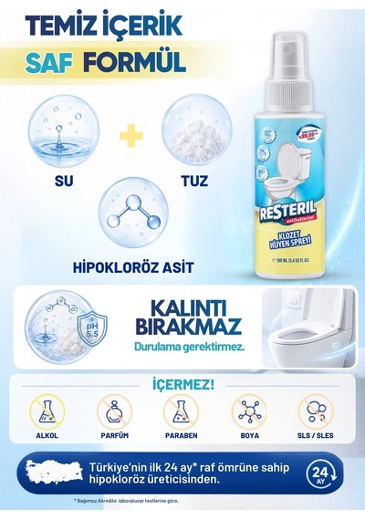 Resteril Klozet Kapağı Temizleyici 100ml Çanta Boy Hızlı Etkili Dezenfektan Sprey Alkolsüz Hipokloröz Asit Tuvalet Koku Giderici 100 ML