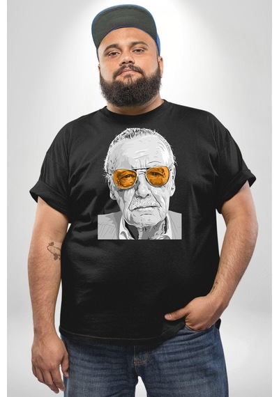Angemiel Stan Lee Siyah Büyük Beden Erkek Kadın Unisex Basic Ön Baskılı Tişört Siyah