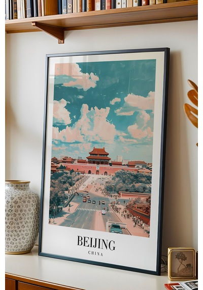 Beijing China Vintage Seyahat Posteri Çerçeveli Tablo - Premium Çin Mimarisi Elit Duvar Dekoru Siyah