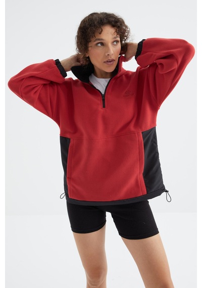 Tommy Life Fiesta Yarım Fermuar Etek Ucu Büzgülü Dik Yaka Oversize Kadın Polar Sweatshirt - 97236 Kırmızı