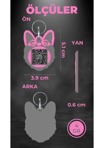 Petjoo 15.T.Teg Gri-Pembe Qr'lı Köpek Künyesi