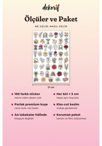 Gül Ve Demet Sticker Seti 100 Adet - Nostaljik Çiçekler Yapraklar Ve Tomurcuklar Botanik Çıkartma Çok Renkli